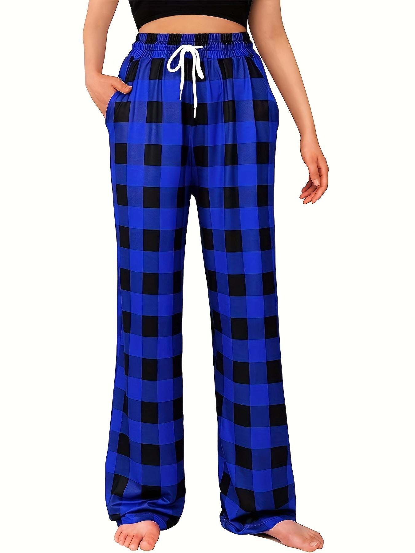  Plaid Elastic Drawstring High Rise Straight Leg Pants