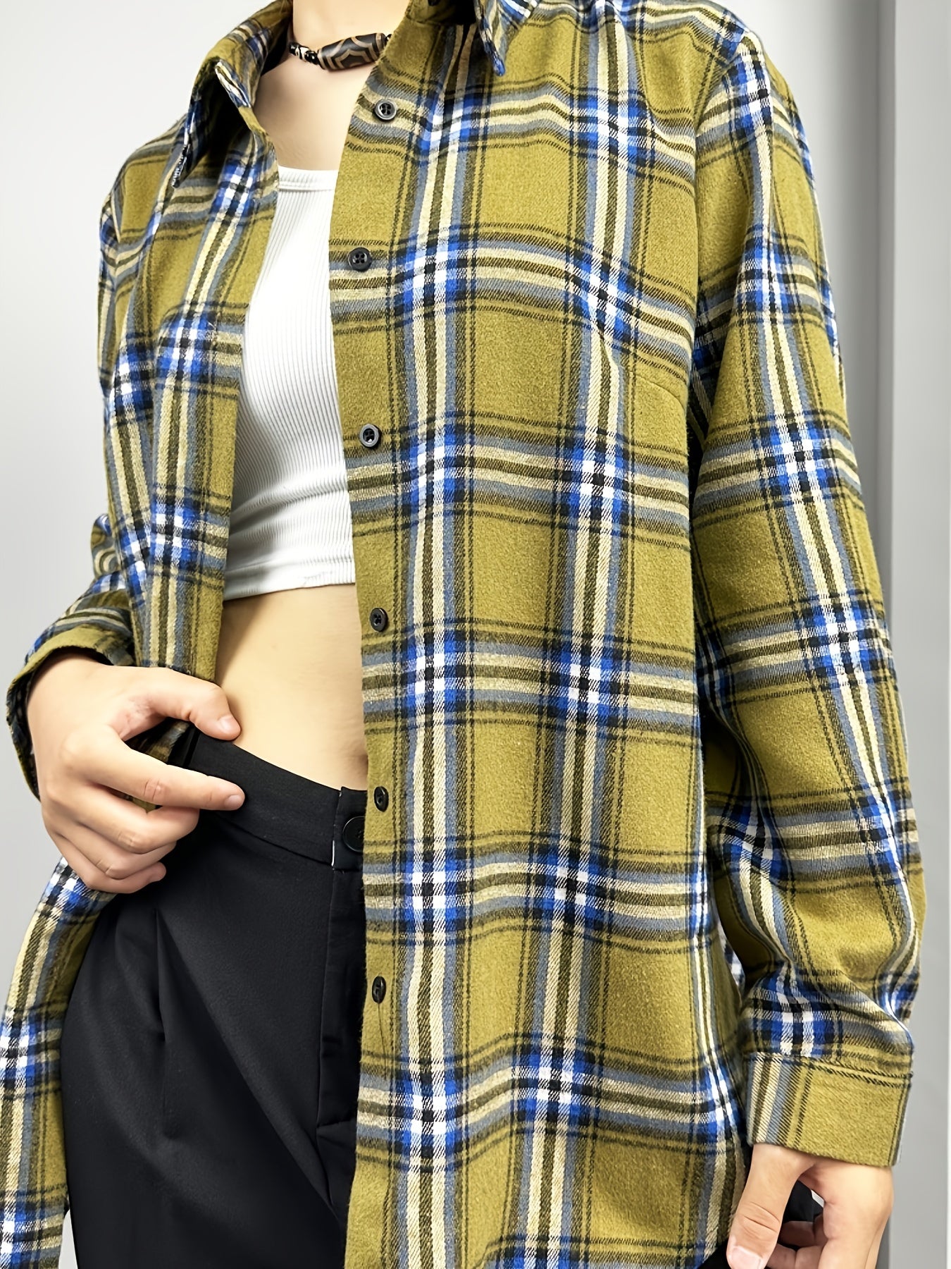  Plaid Print Side Split Long Sleeve Button Up Tunic Shirt Top