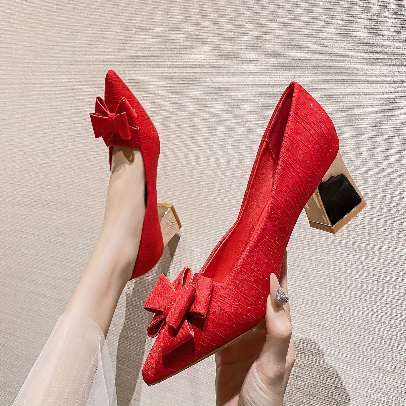 Chunky Heeled Pumps Bowknot High Heels Wedding Dress Shoes