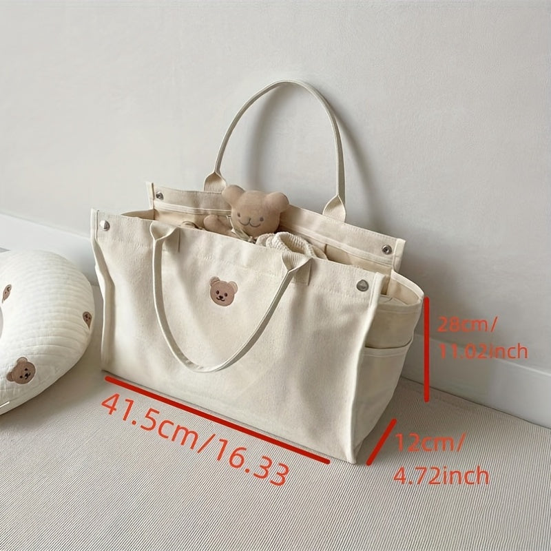 Large Capacity Bear Print Canvas Tote Bag Lightweight Shoulder Bag