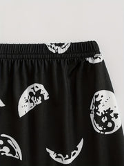  Moon Print Pajama Set Short Sleeve T-shirt & Shorts & Pants