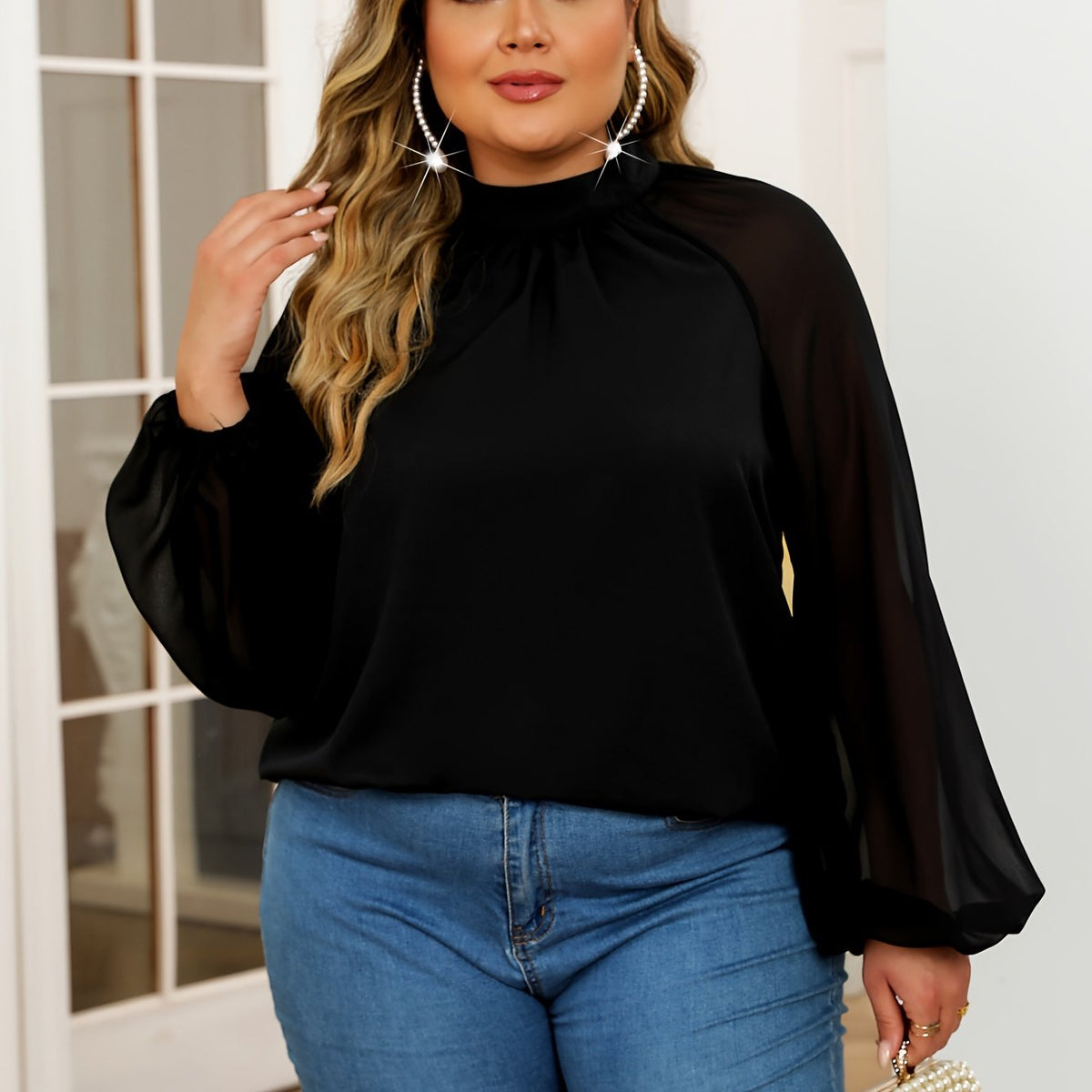  Mesh Lantern Sleeve Mock Neck Top