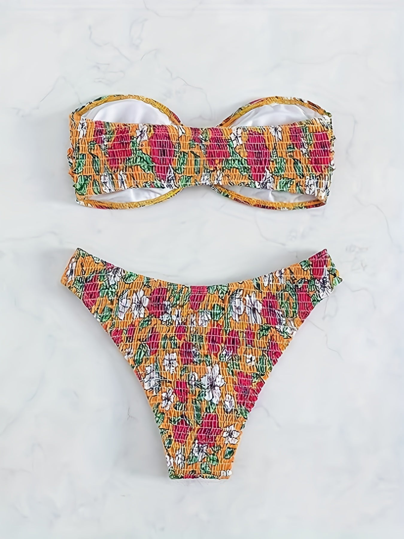  Floral Print Bikini Set with Ring Linked Shirred Tube Bra & Panty