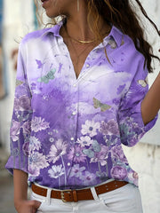  Floral & Butterfly Print Long Sleeve Blouse