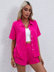Casual Two-piece Set Button Blouse & Shorts Outfit