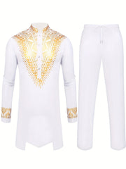 African 2 Piece Set Metallic Golden Pattern Print Cotton Dashiki Shirt And Pants