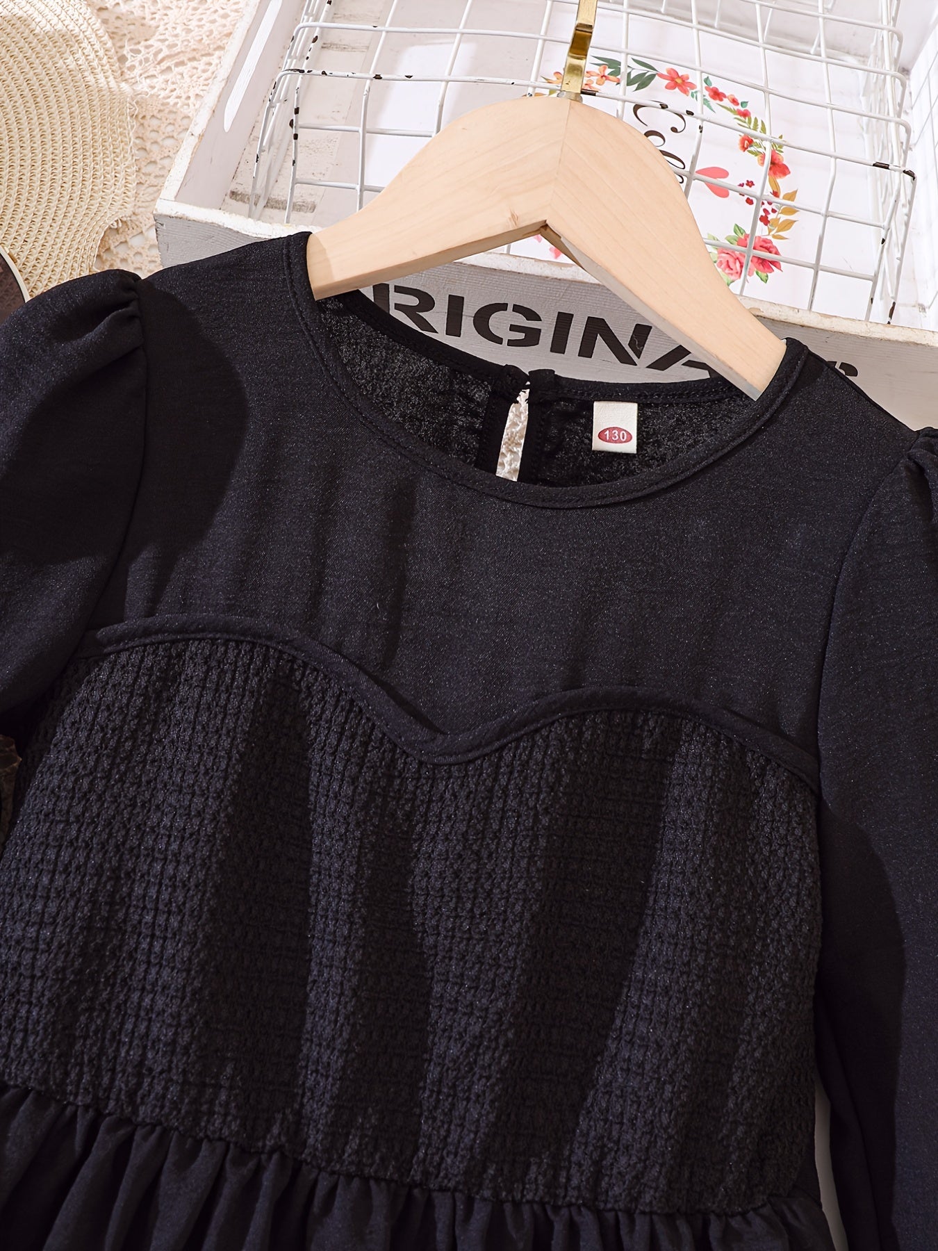 Solid Textured Stitching Long Sleeve Casual Dress For Girls Autumn Outfit