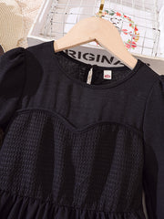Solid Textured Stitching Long Sleeve Casual Dress For Girls Autumn Outfit