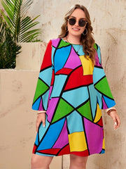  Colorblock Geometric Print Round Neck Tee Dress