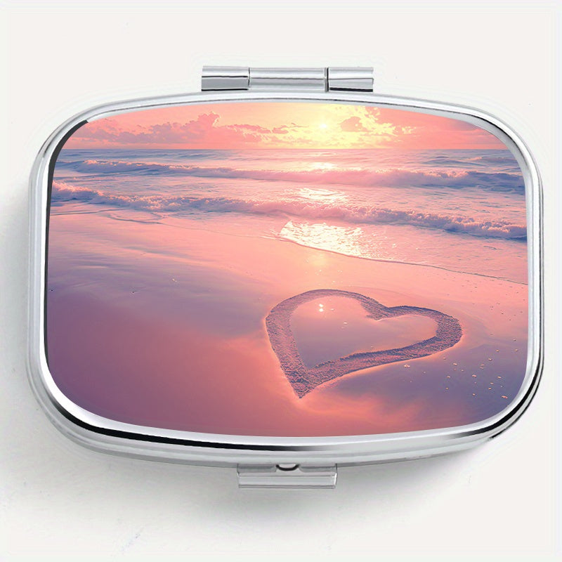 Romantic Beach Print Pattern Square Medicine Box Two Compartment Pill Box