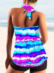  Tie Dye Striped Tankini Set Halter Top & Shorts Swimsuit 2 Piece