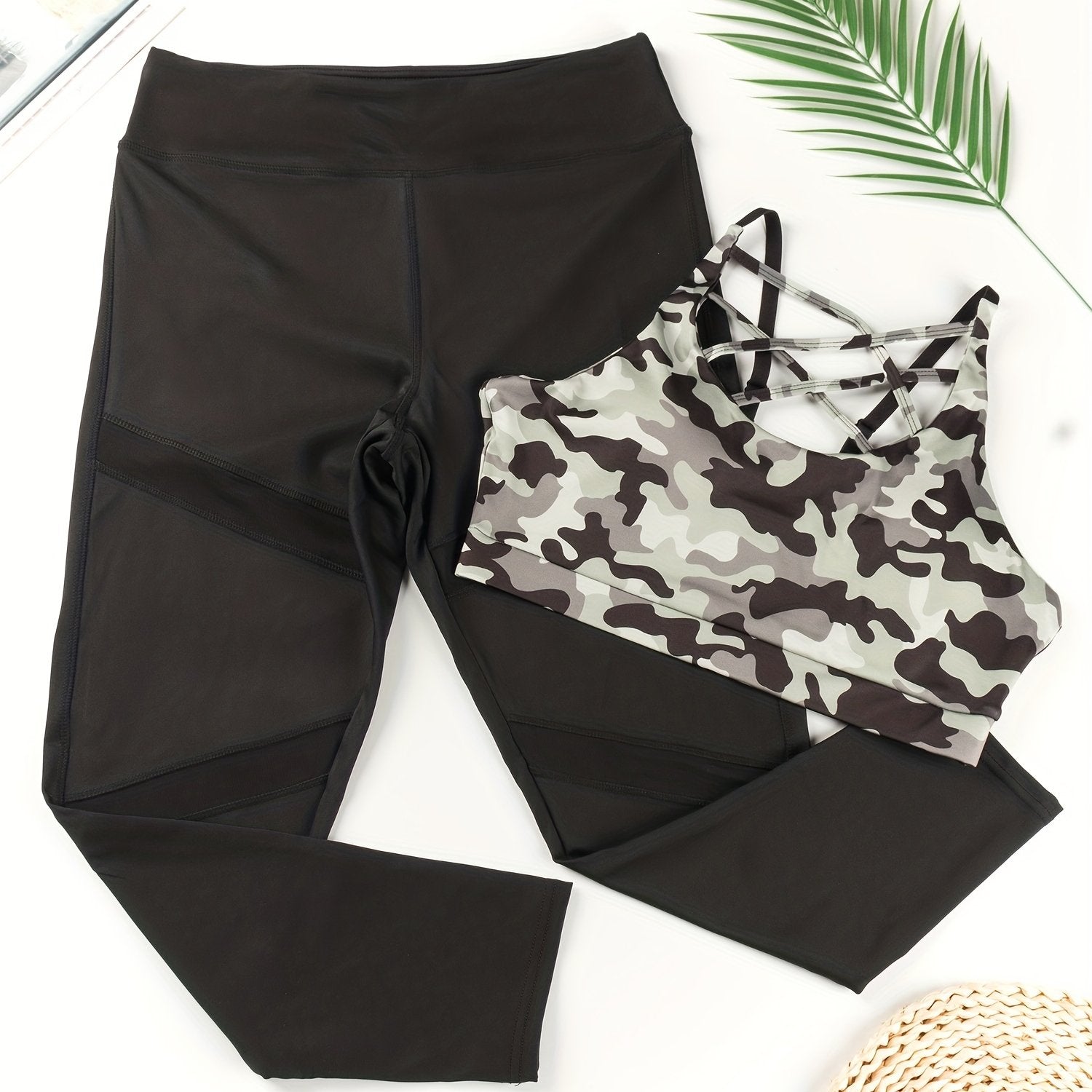  Camo Criss Cross Bra & Mesh Leggings Set