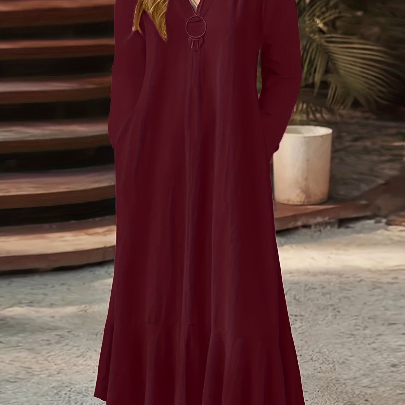  Solid Long Sleeve V Neck Ruffle Trim Maxi Dress With Pockets