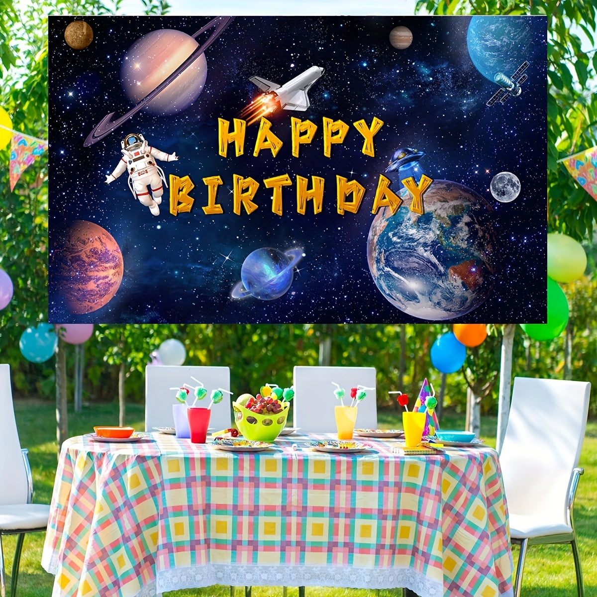 Space Happy Birthday Photography Backdrop 70in Astronaut Rocket Banner