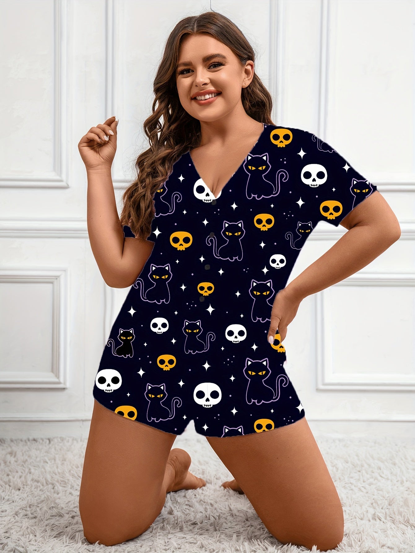  Halloween Sleepwear Romper Women Skull & Cat Print Lounge