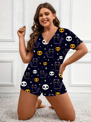  Halloween Sleepwear Romper Women Skull & Cat Print Lounge