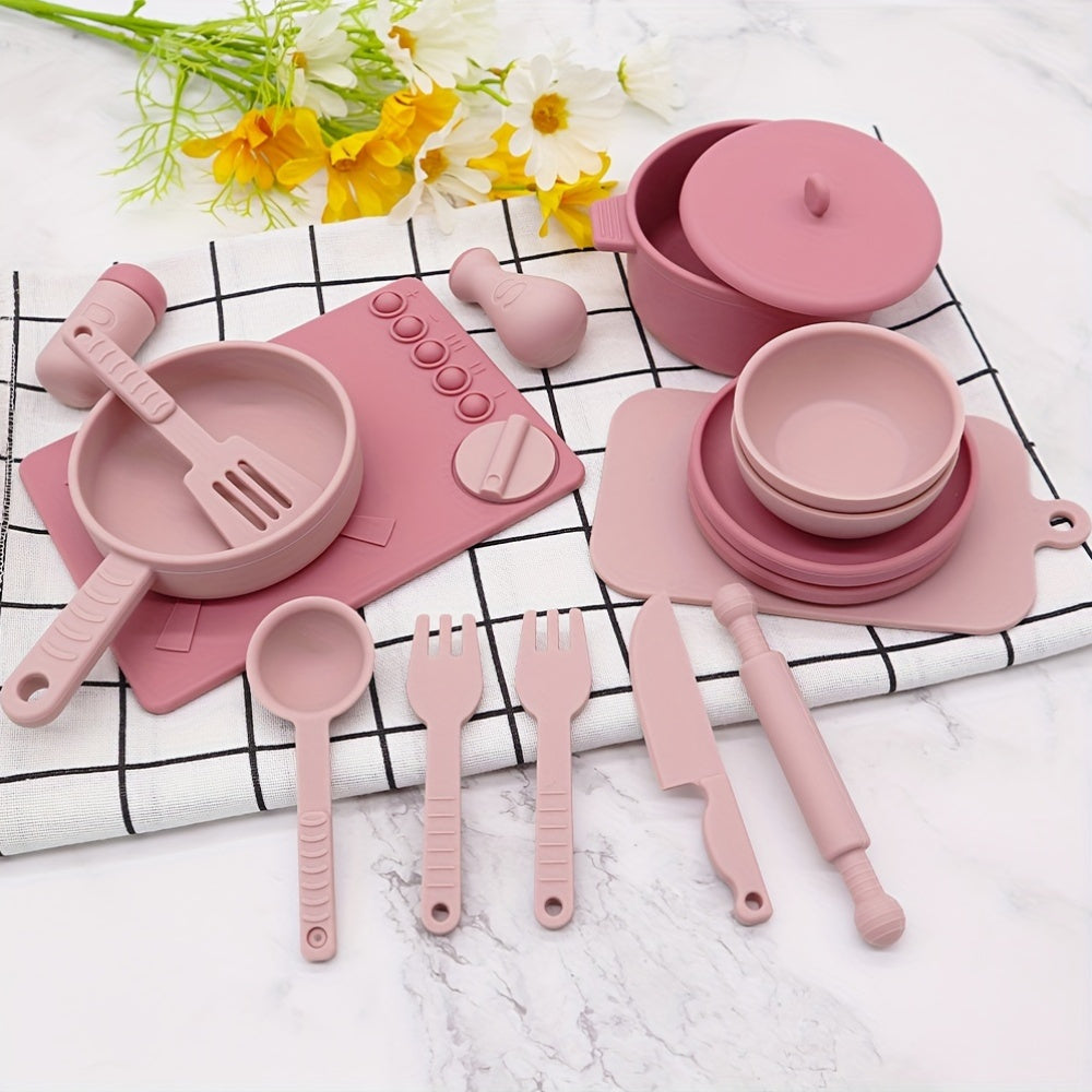 Kids Kitchen Playset Silicone Toy Cookware Set for Ages 3-12