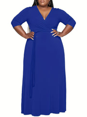 Women's Plus Solid Half Sleeve Maxi Dress With Belt