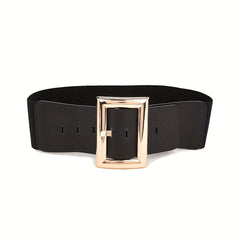 Wide Elastic Waistband Rectangular Buckle Belt for Women Dress Coat
