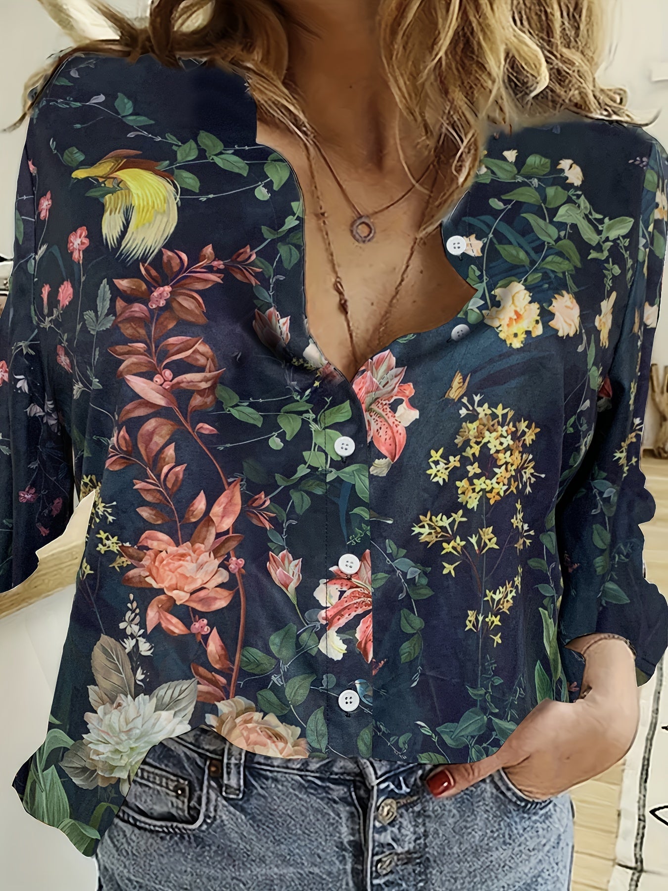  Boho Blouse Women's Floral Print Long Sleeve Shirt