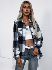  Plaid Print Button Up Long Sleeve Shacket