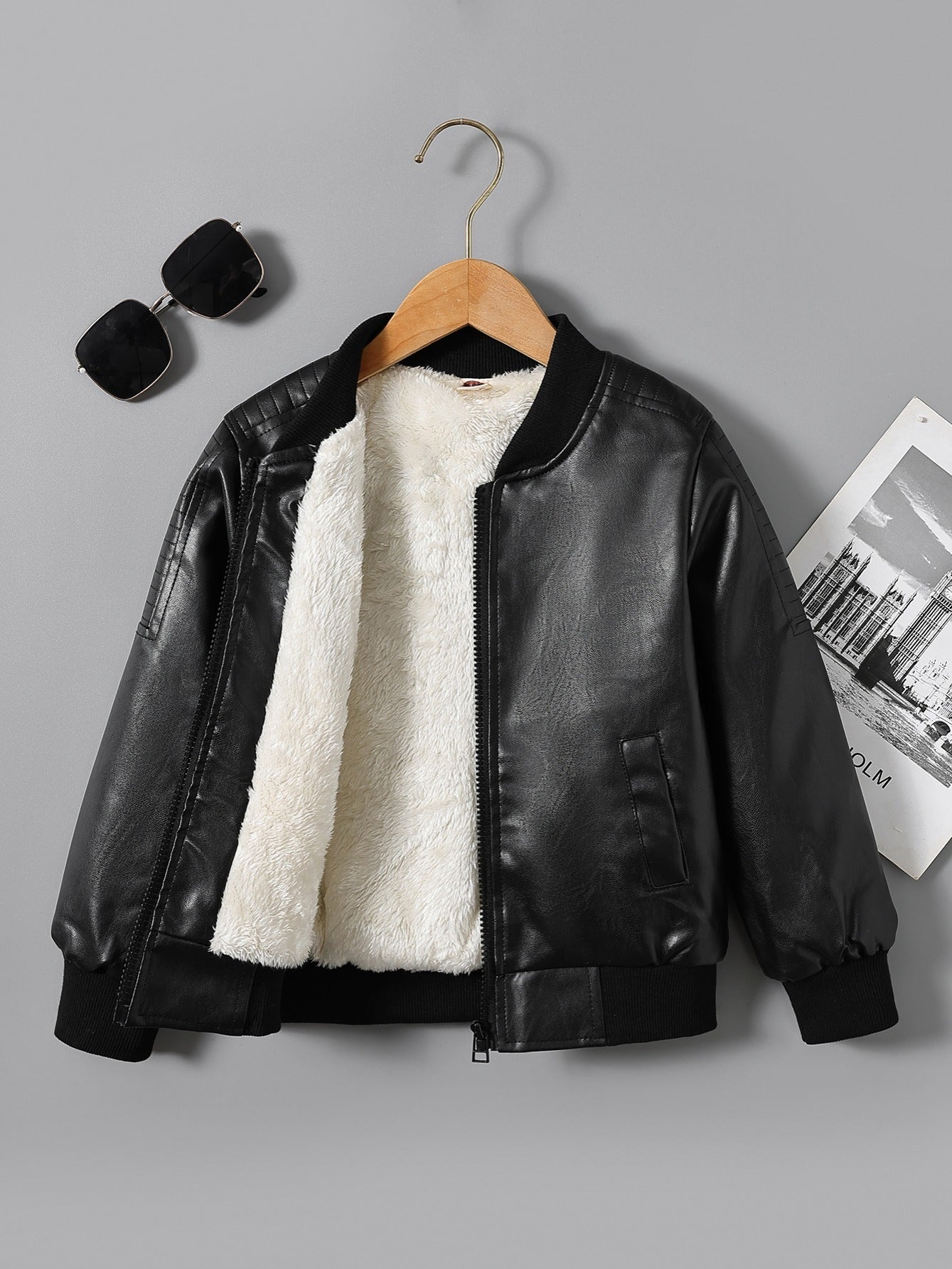 Boys Fleece Zipper Leather Jacket