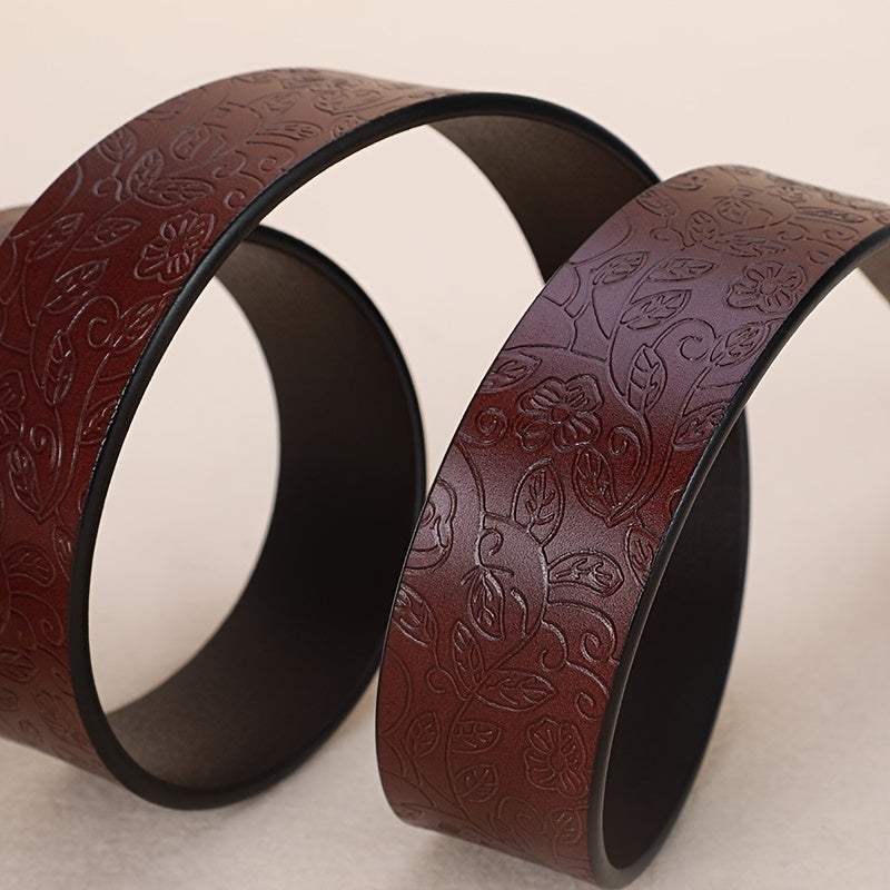Embossed Cowhide Leather Belt with Square Buckle