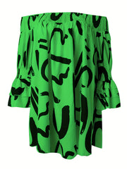 Off Shoulder Ruffle Sleeve Geometric Print Midi Dress