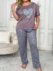 Leopard Heart Print Pajama Set Short Sleeve Round Neck Top & Pants