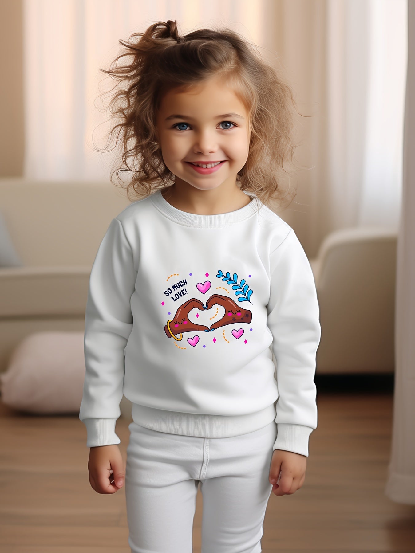 Love Heart Gesture Print Girls Casual Pullover Sweatshirt Long Sleeve Tops