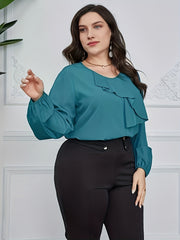  Ruffle Trim Lantern Sleeve Blouse