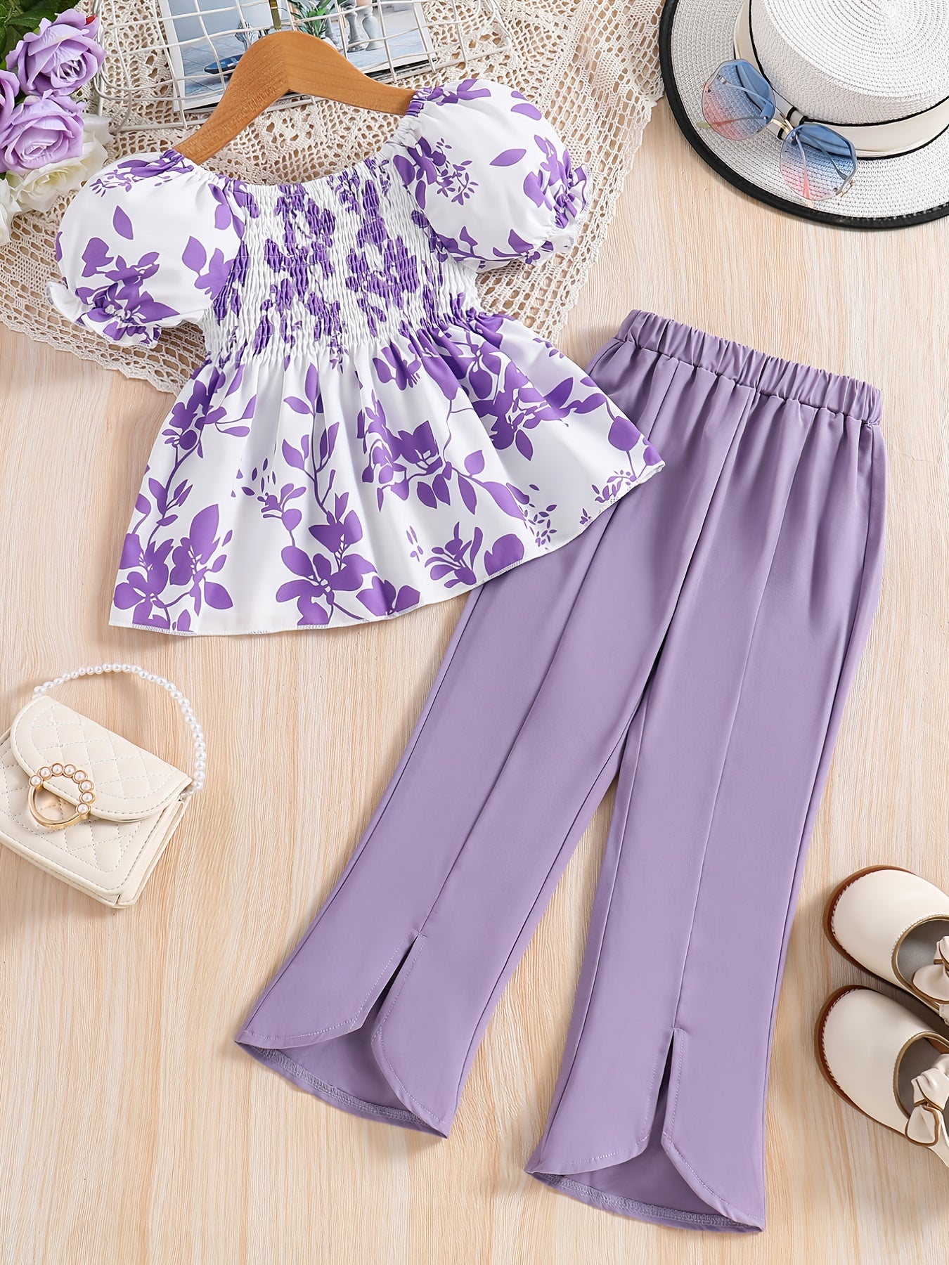 Girls Floral Print Shirred Shirt & Flared Pants Set