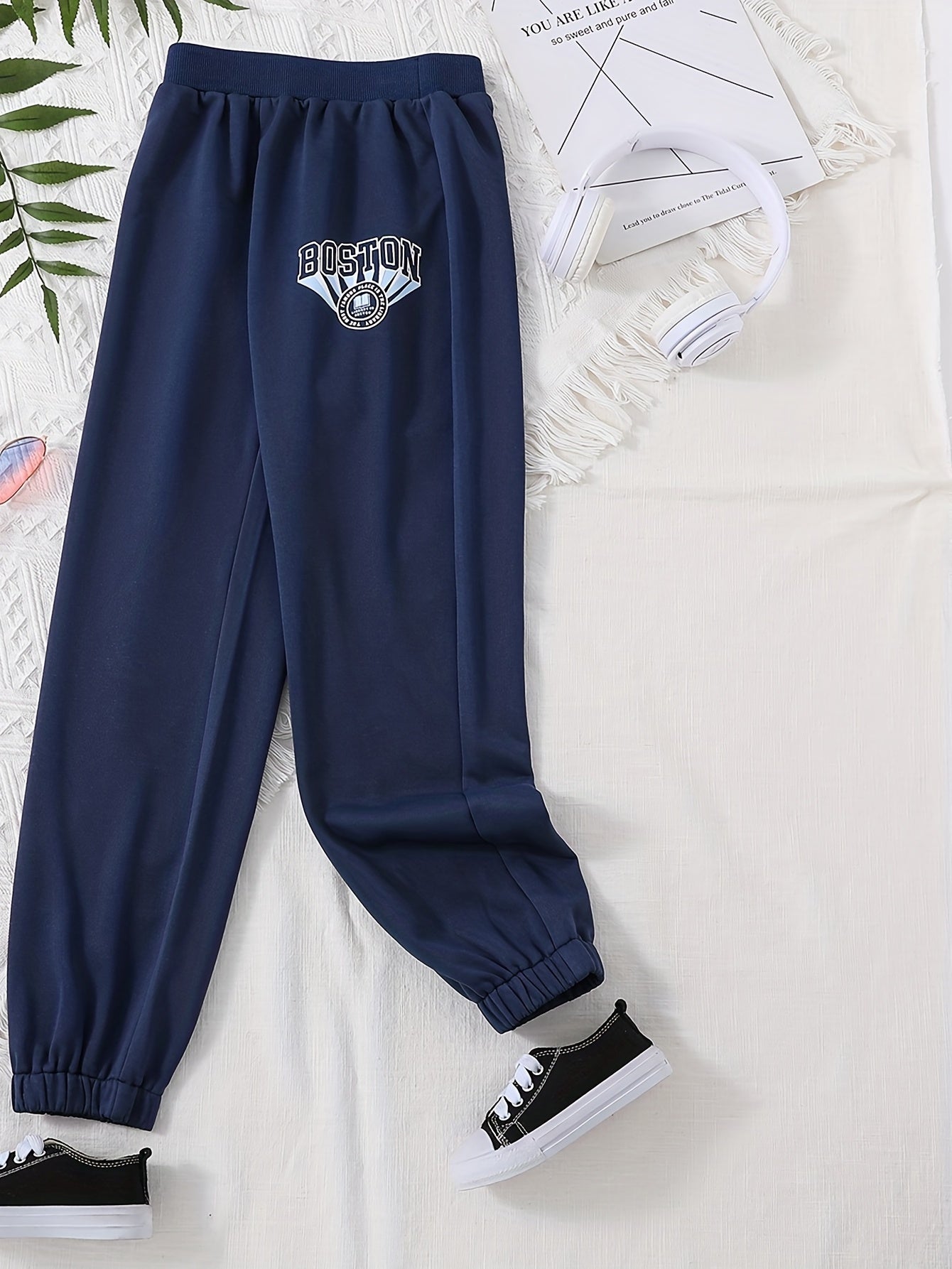 BOSTON Letter Print Girls Casual Active Sweatpants Quick Drying Jogger Pants