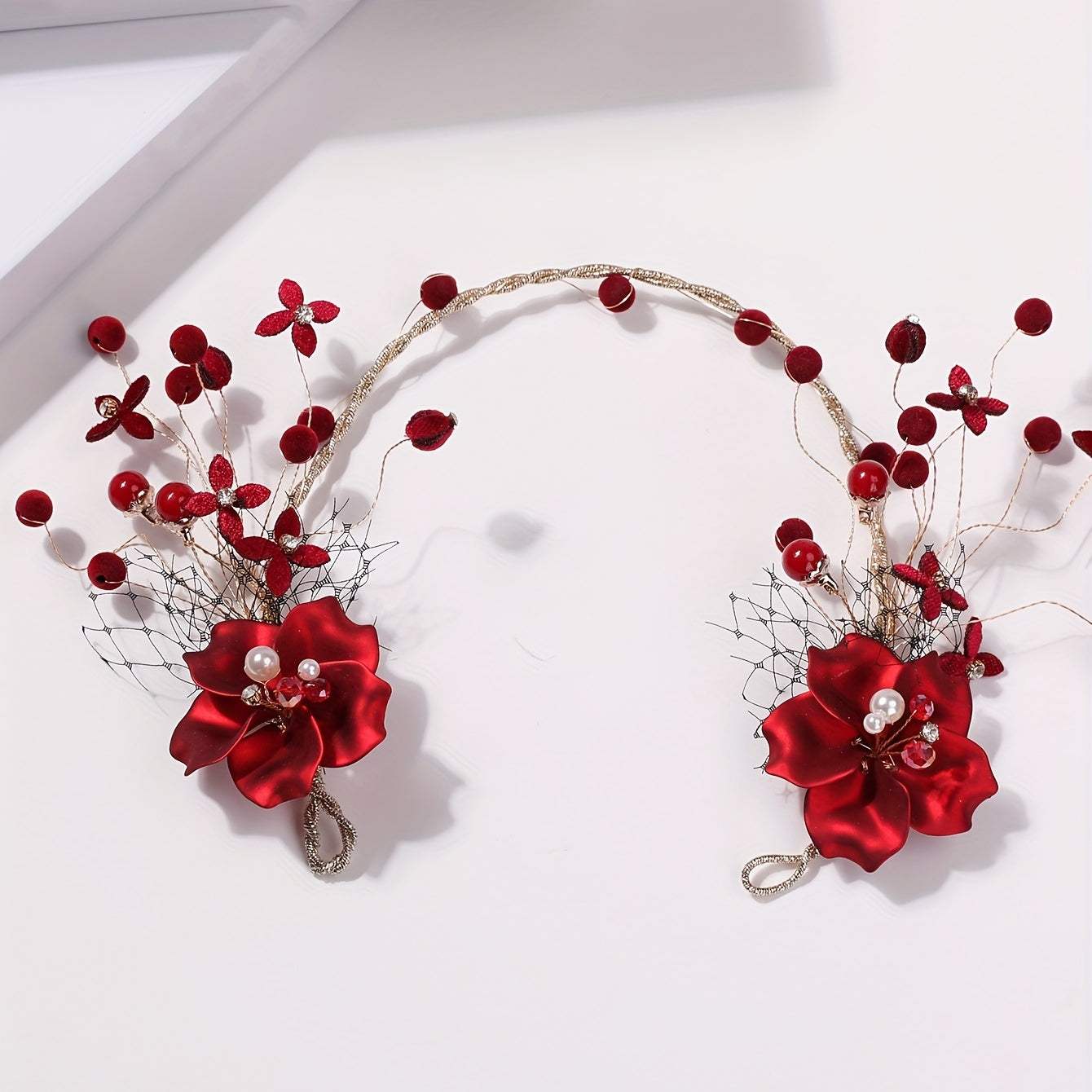 Chinese Style Bridal Headdress Red Metal Flower Beaded Hair Accessories