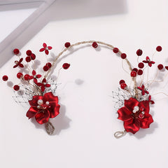 Chinese Style Bridal Headdress Red Metal Flower Beaded Hair Accessories