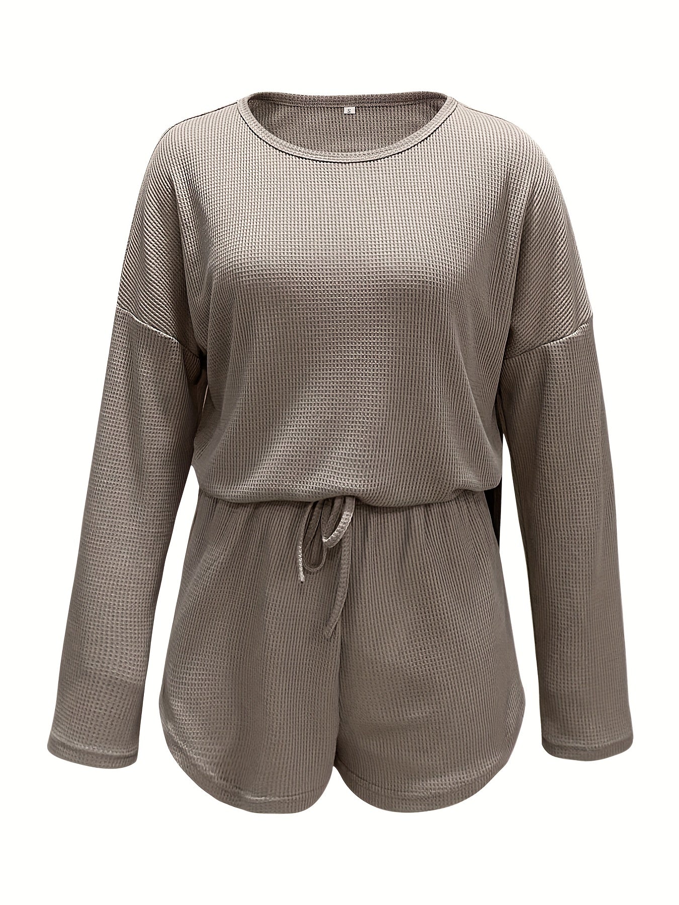 Casual Waffle Two piece Set Long Sleeve T shirt & Drawstring Shorts