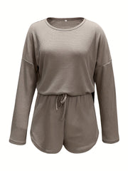 Casual Waffle Two piece Set Long Sleeve T shirt & Drawstring Shorts