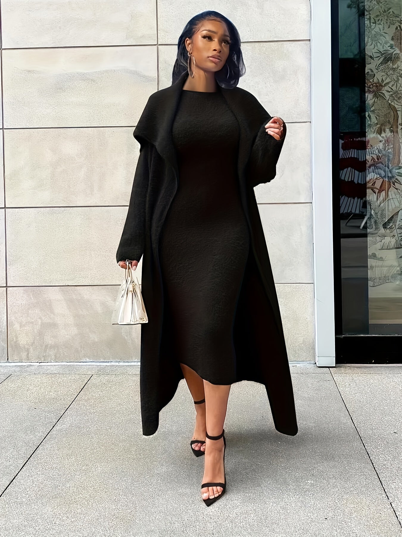  Solid Fuzzy Fleece Dress & Cardigan Set