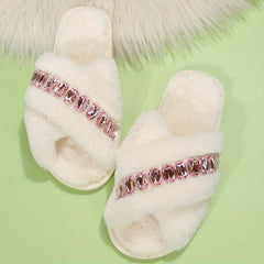 Rhinestone Slip-On Slippers Cross Straps Open Toe Non-Slip Indoor Shoes