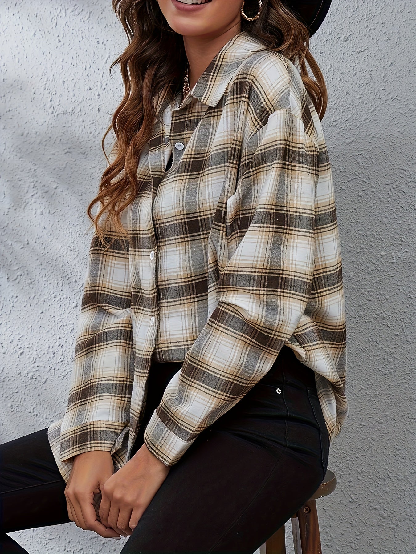  Plaid Print Long Sleeve Button Up Collar Shirt