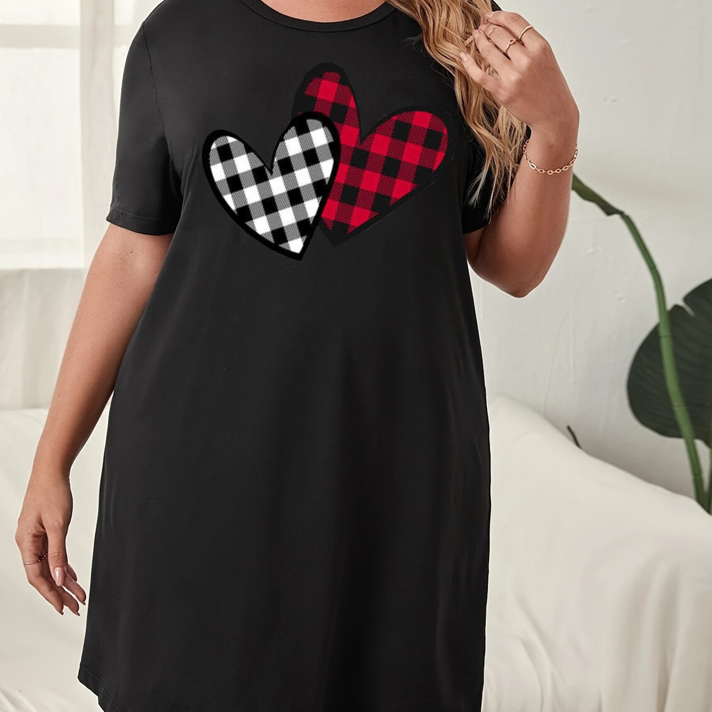  Plaid Heart Print Nightshirt Short Sleeve Graphic Nightdress