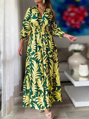 Floral Print Shirred Waist Dress Casual V Neck Long Sleeve
