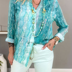  Allover Print Button Up Long Sleeve Blouse