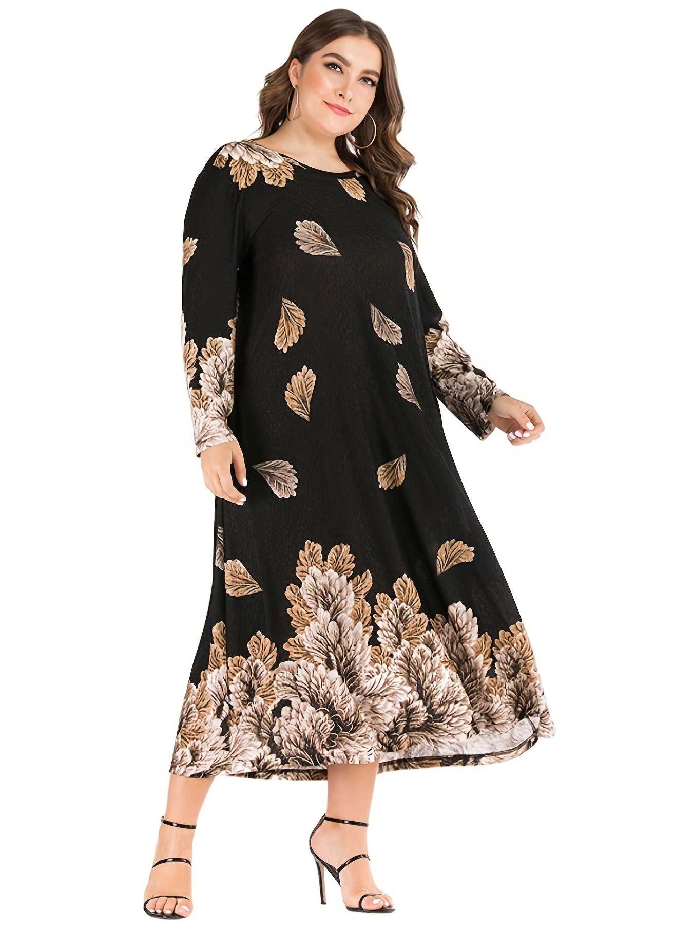  Leaf Print Maxi Dress Long Sleeve Round Neck Loose Fit