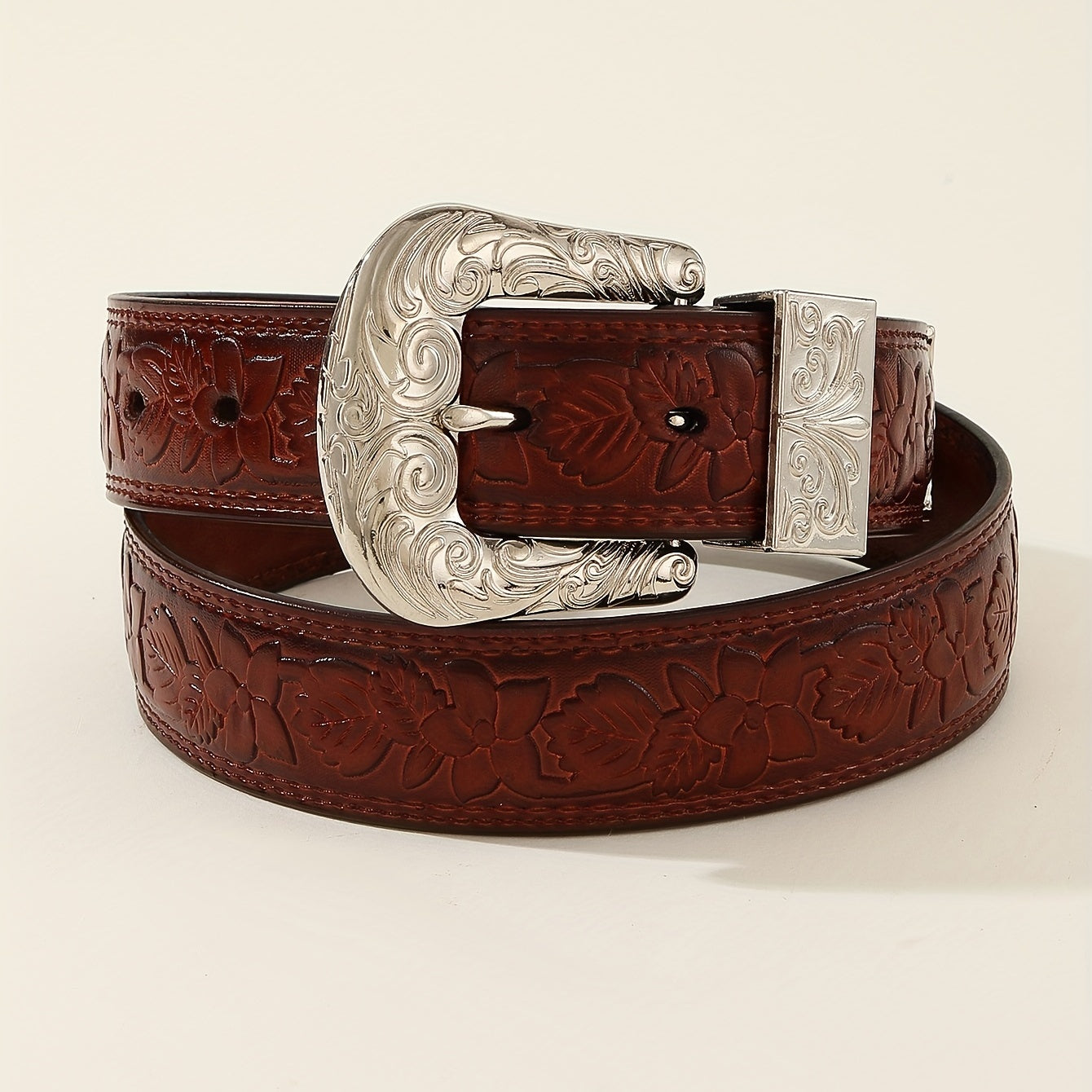 Vintage Engraved Buckle Belt Embossed PU Leather Belt For Women