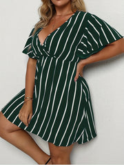  Stripe Print Short Sleeve Surplice Neck Dress