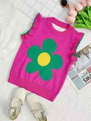 Girls Flower Graphic Knit Sweater Vest Sleeveless Ruffle Trim