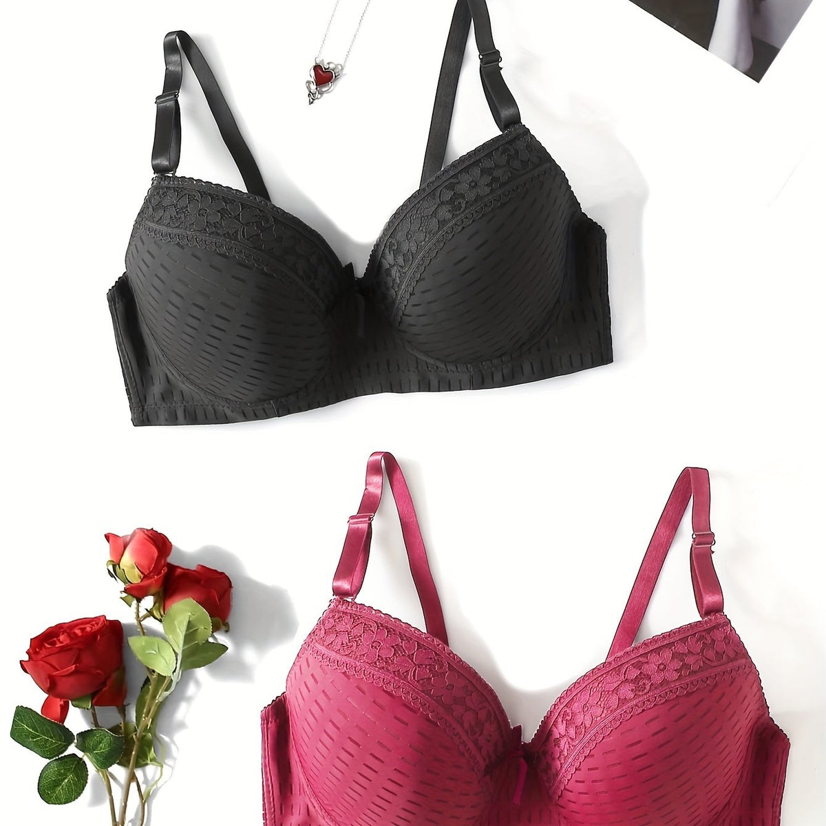2 Pack Plus Size Bra Set Women's Plus Molded Cup Underwire Bow Bra