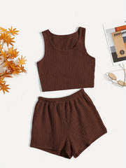  Waffle Knit Tank Top & Shorts Pajamas Set