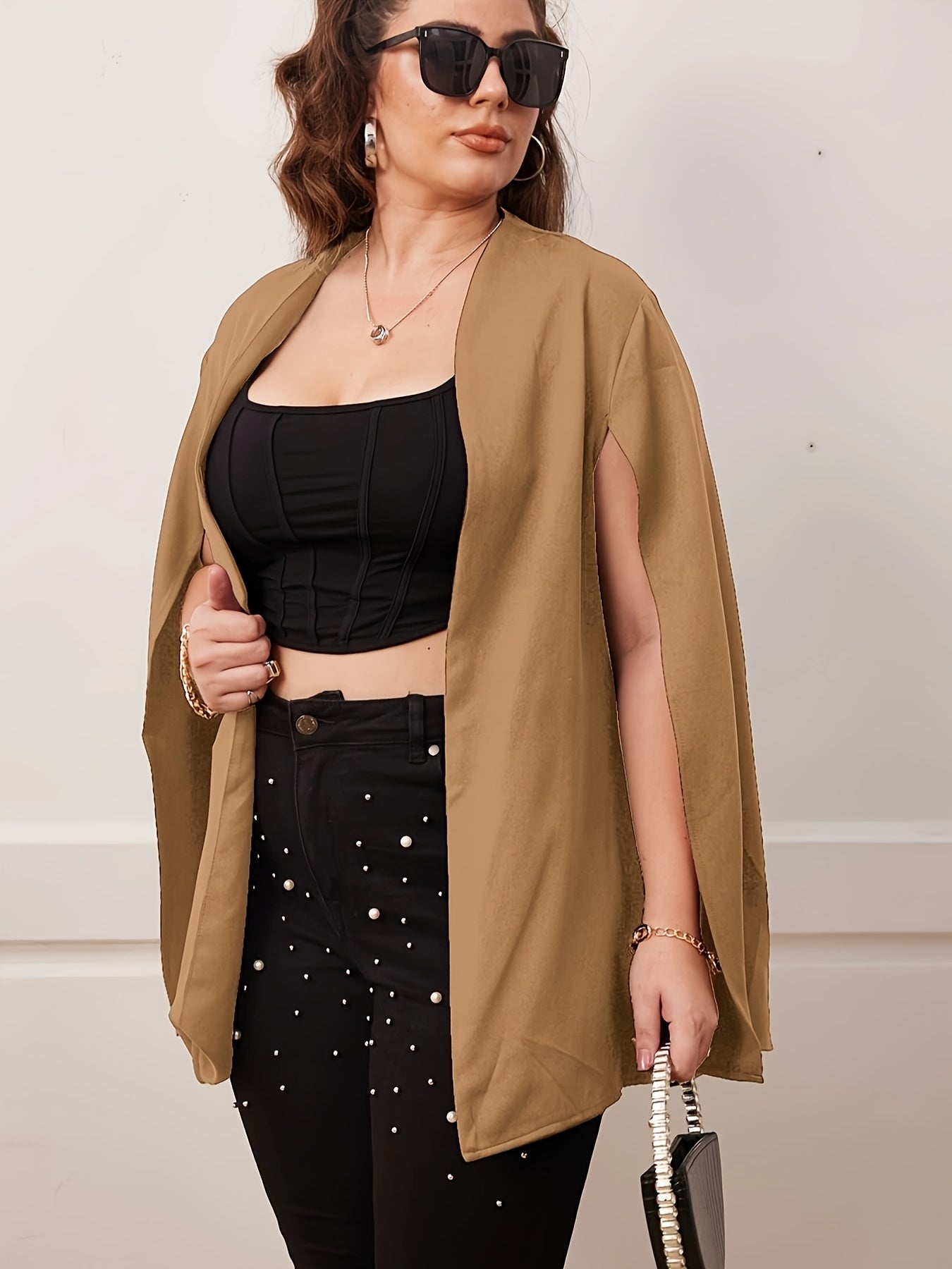  Solid Open Front Split Workwear Cape Blazer